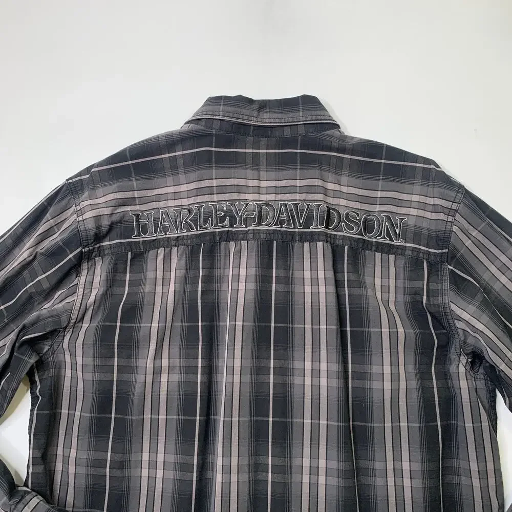 Harley Davidson Shirt Men M Medium Gray Black Cotton Plaid Button Up Long Sleeve